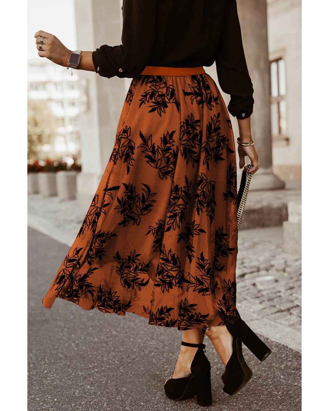Gold Flame Floral Leaves Embroidered High Waist Maxi Skirt - L