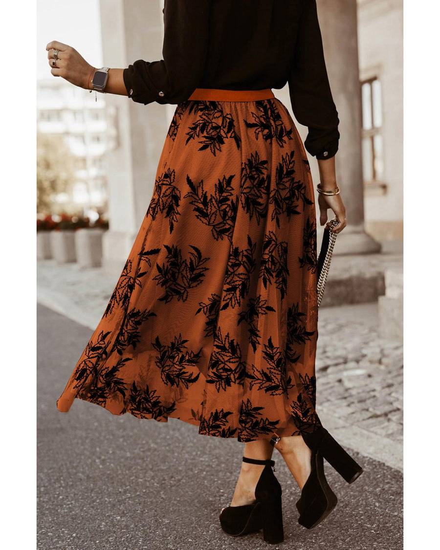 Gold Flame Floral Leaves Embroidered High Waist Maxi Skirt - S