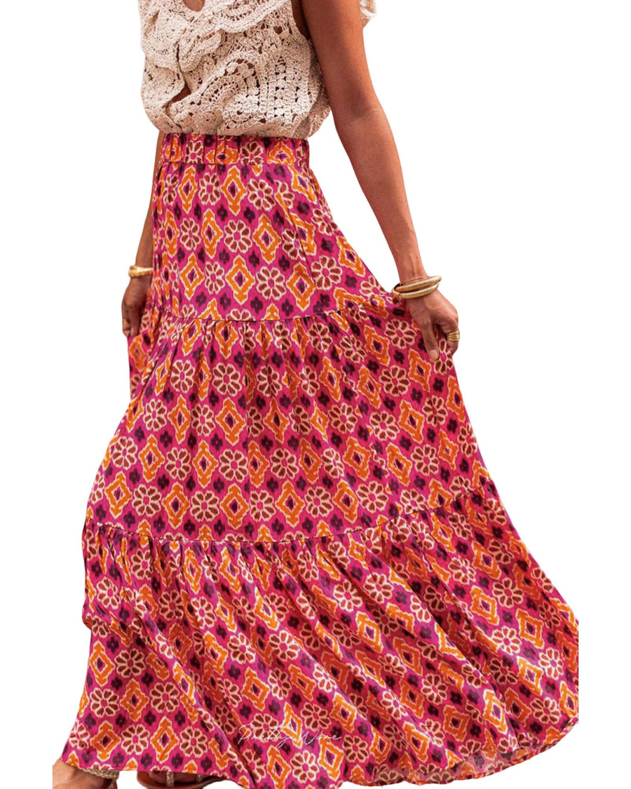 Rose Vintage Boho Floral Print Tiered Maxi Skirt - M
