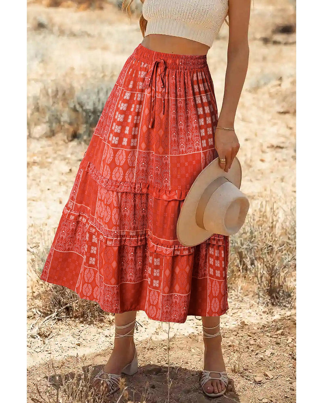 Red Bohemian Mix Print Long Flared Skirt - L