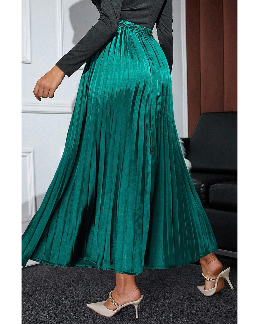 Blackish Green Satin Elastic Waist Pleated Maxi Skirt - XL