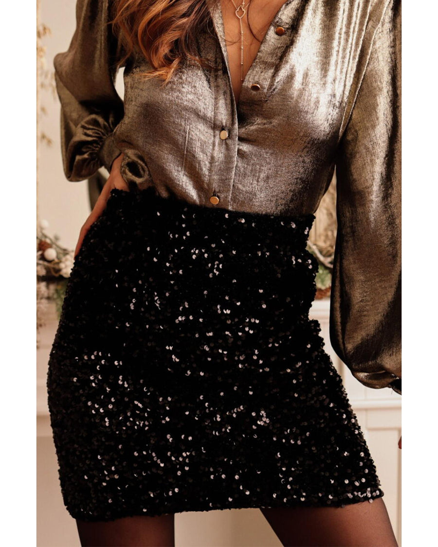 Black Sequin Bodycon Mini Skirt - L