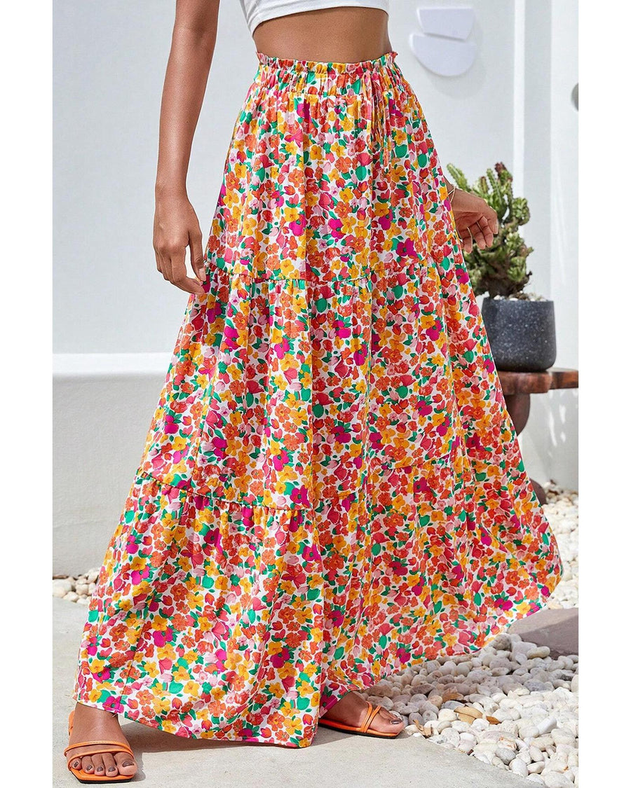 Yellow Boho Floral Print Tiered Long Skirt - XL