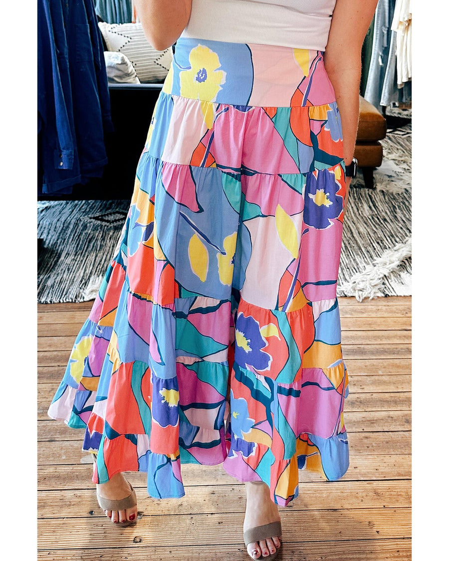 Pink Printed Pocketed High Waist Maxi Skirt - XL