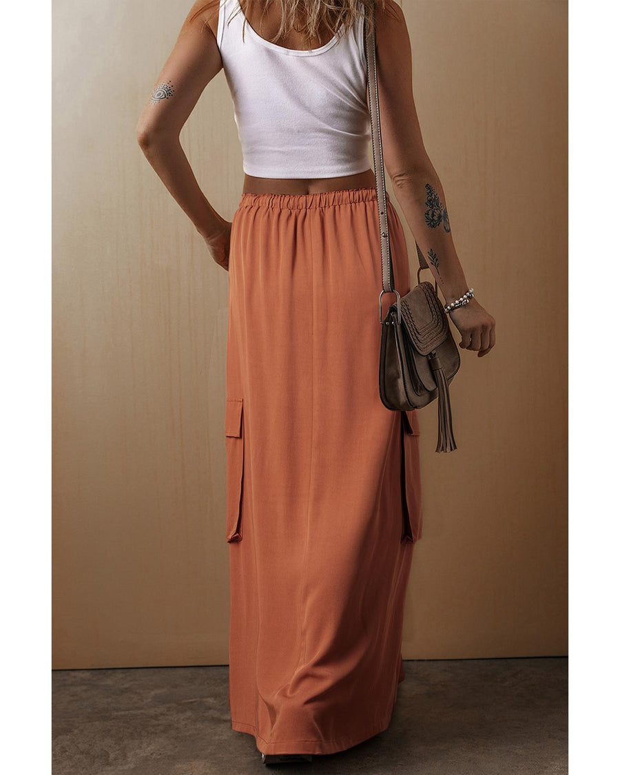 Chestnut Mineral Wash Cargo Pocket Drawstring Waist Maxi Skirt - L