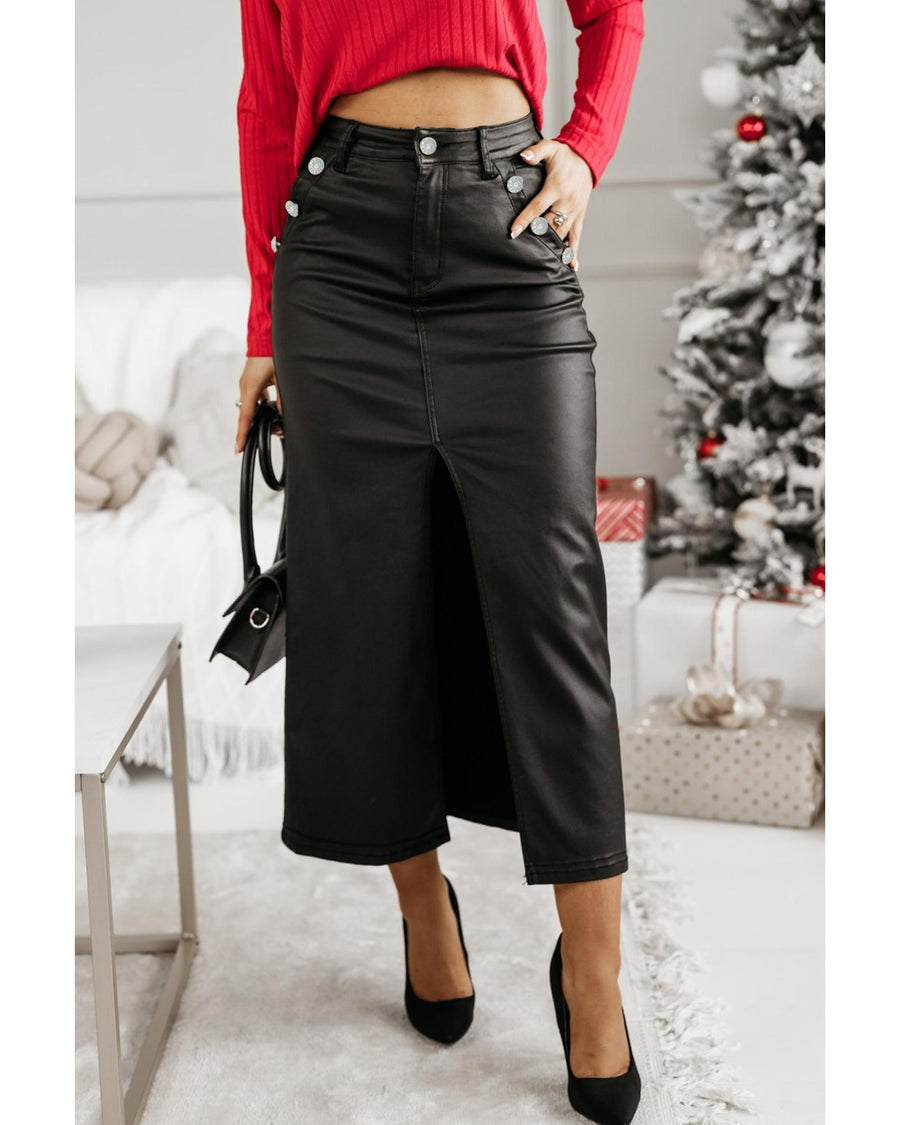 Black Split Front High Waist Slim Fit Midi Skirt - S