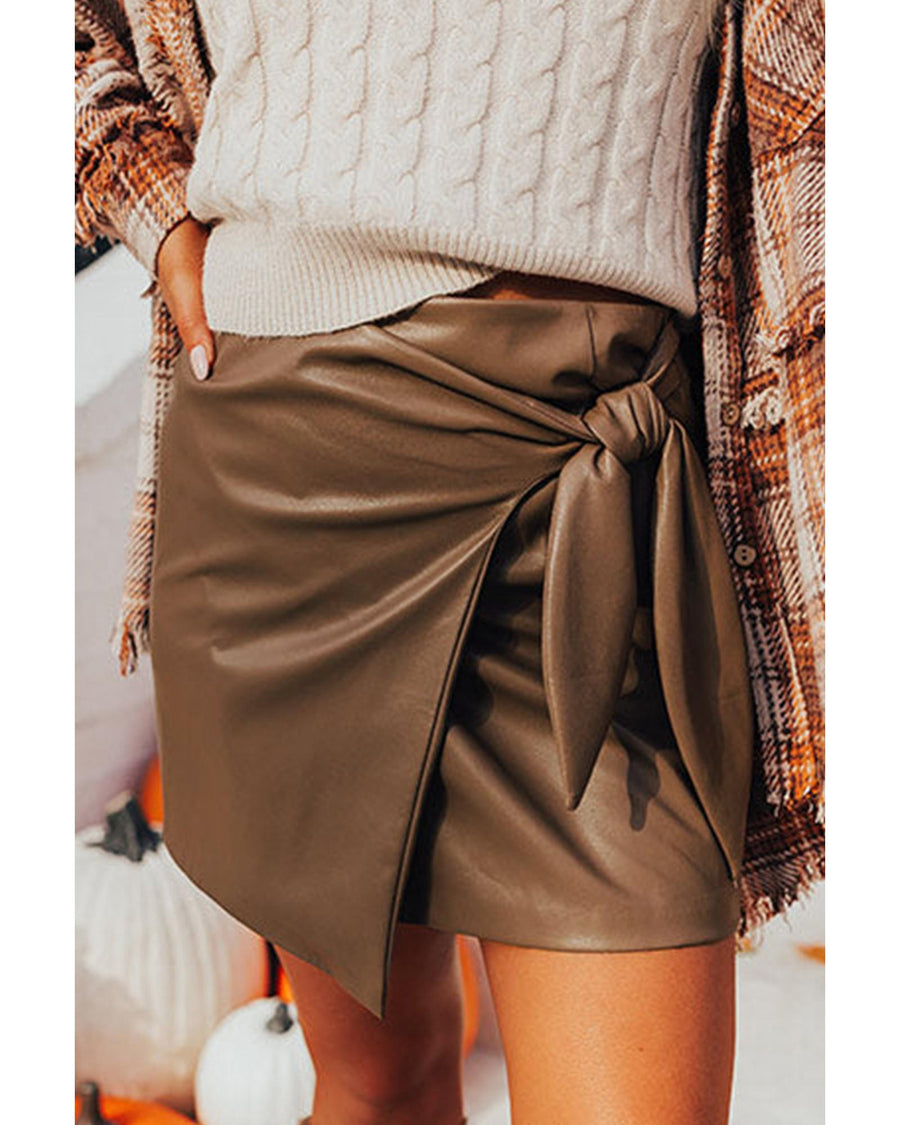 Coffee Bowknot Faux Leather Mini Skirt - L