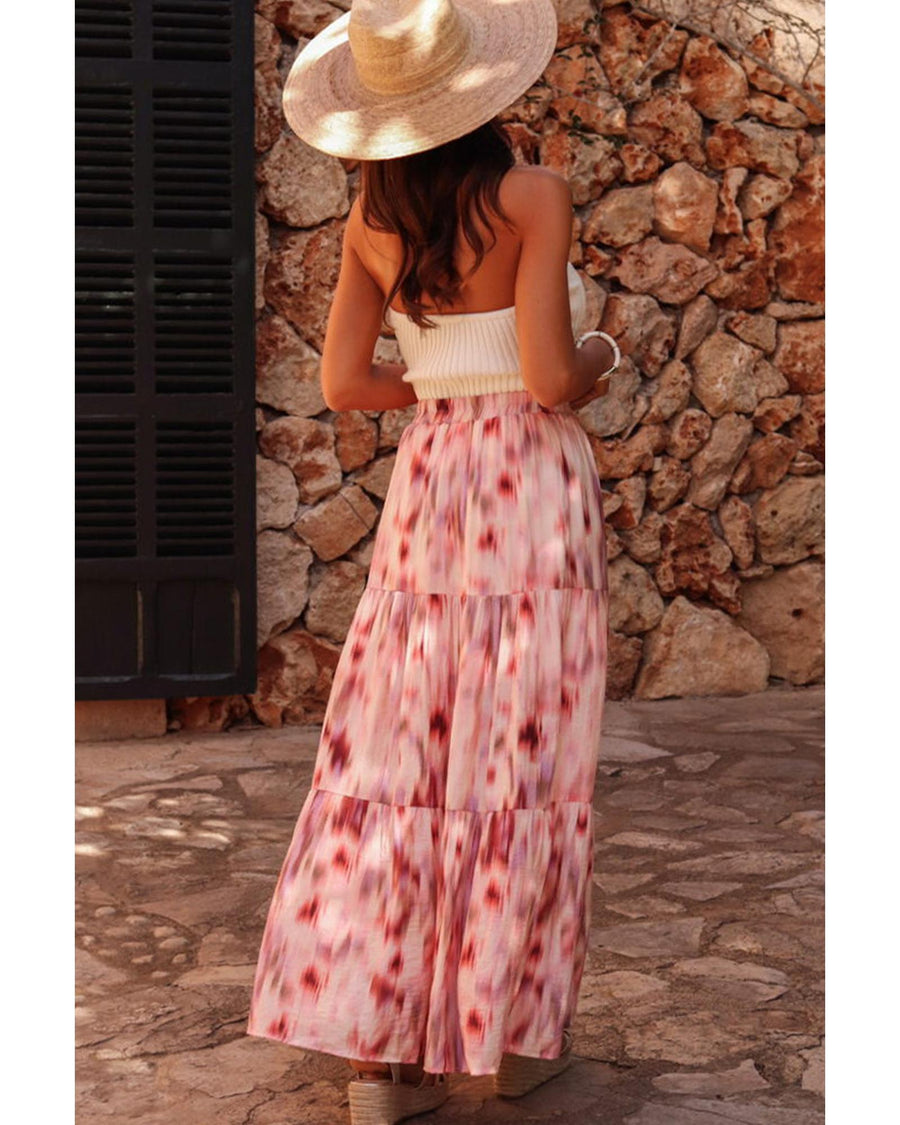 Pink Abstract Watercolor Tie Dye Tiered Maxi Skirt - M
