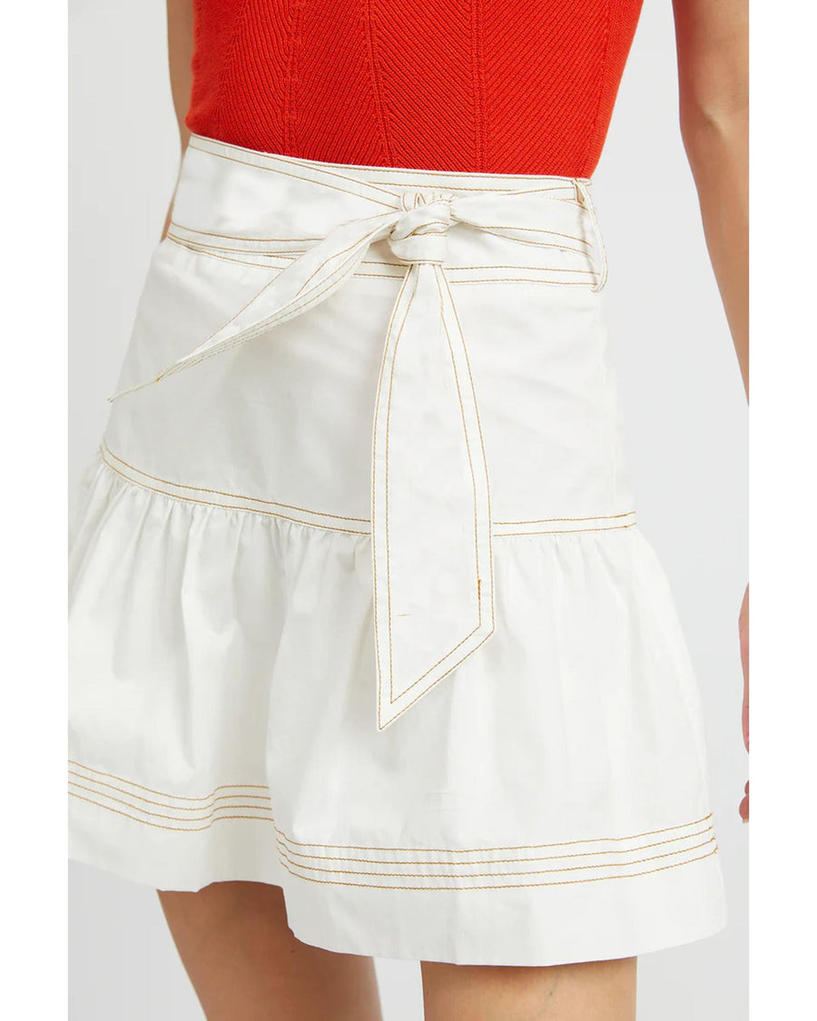 White Contrast Stitching Trim Knotted High Waist A-Line Mini Skirt - L