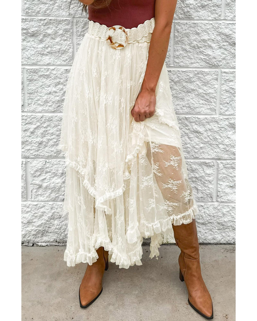 Beige Lace Cascading Tiered High Waist Maxi Skirt - XL