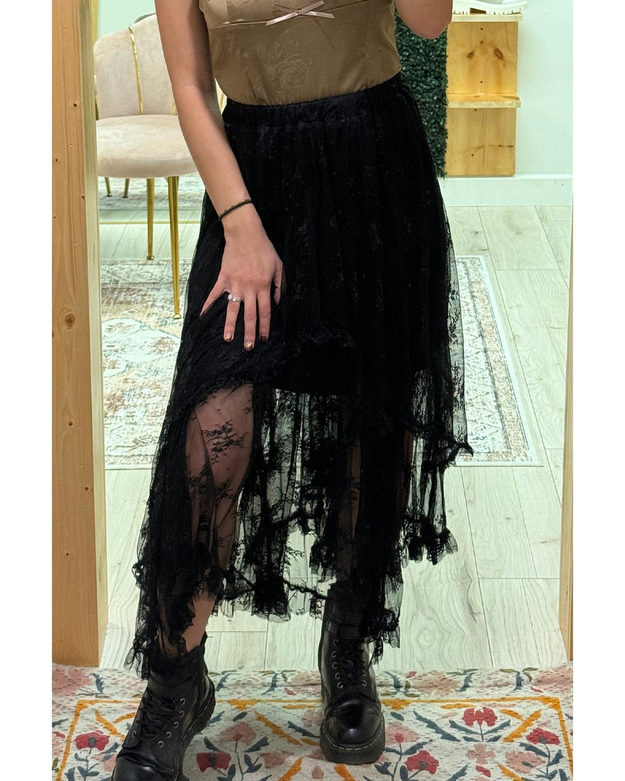 Black Lace Cascading Tiered High Waist Maxi Skirt - L