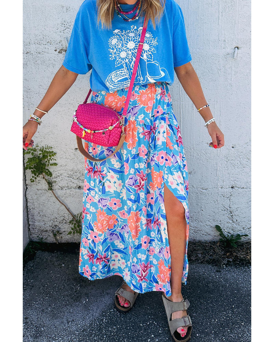 Sky Blue Floral Printed High Waist Split Wrap Long Skirt - L