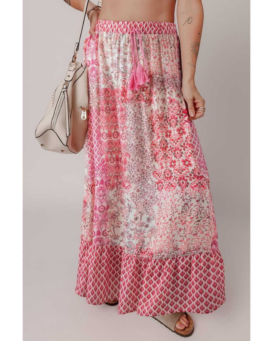 Red Boho Pattern Print Tassel Drawstring High Waist Maxi Dress - XL