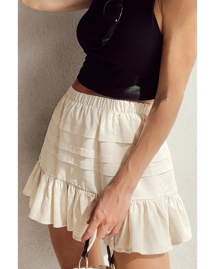 Beige Tiered Ruffled Hemline Elastic Waist Mini Skirt - S