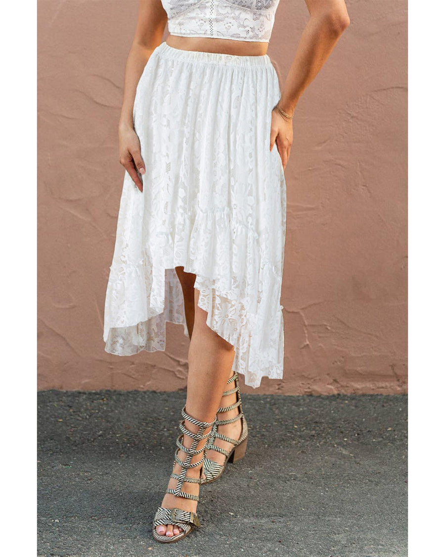 White Lace Ruffled High-low Hem Midi Skirt - L