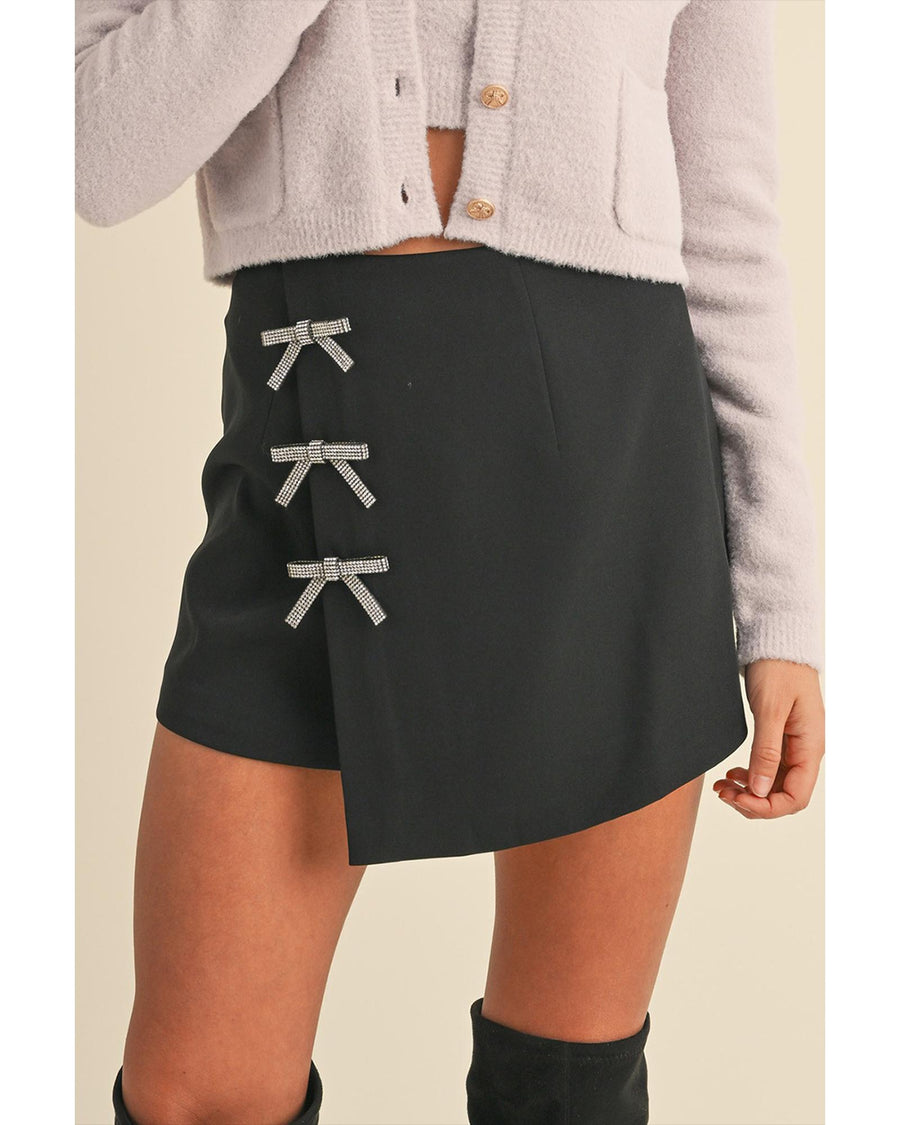 Black Rhinestone Bow Wrap High Waist Mini Skirt - L