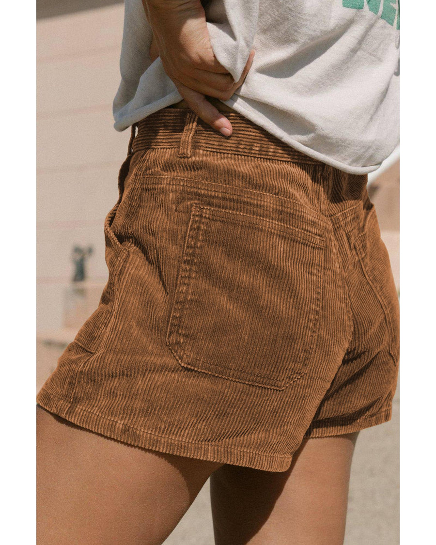 Brown Vintage Elastic Waist Back Pocketed Corduroy Shorts - 16 US