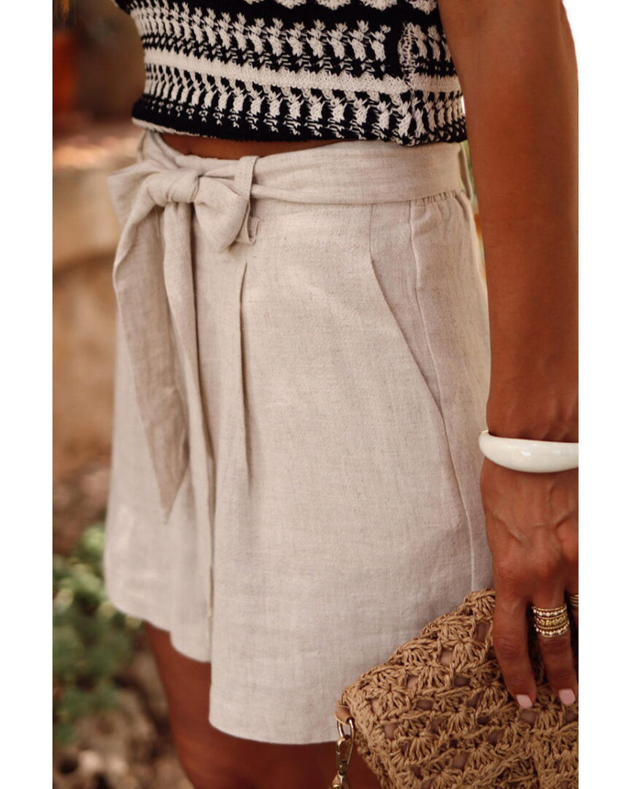 Parchment Tie Waist Casual Linen Shorts - L