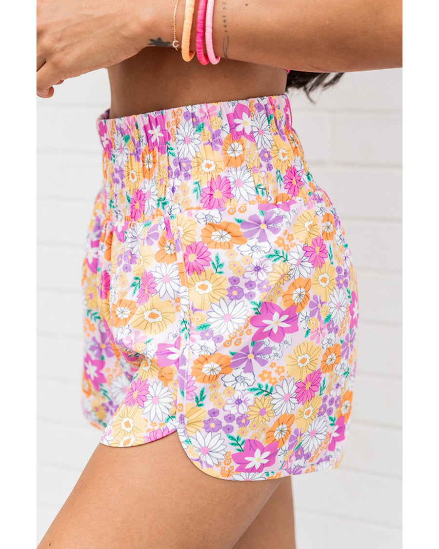 Pink Boho Floral Shirred High Waist Casual Shorts - M