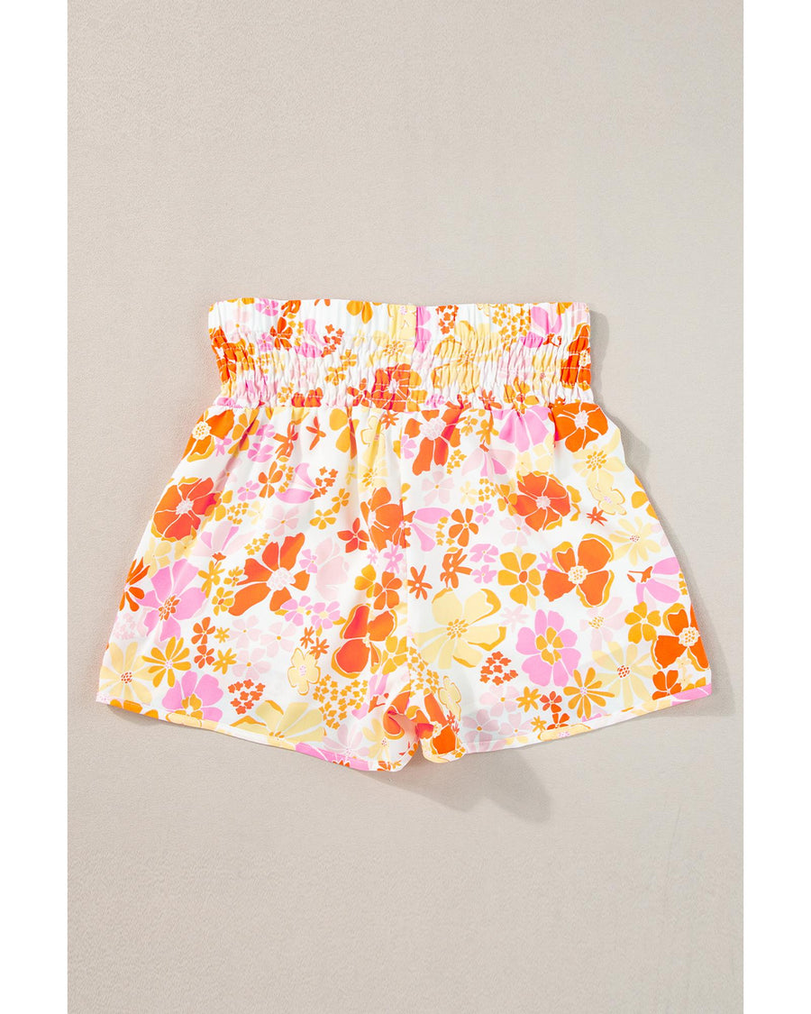Orange Boho Floral Shirred High Waist Casual Shorts - M