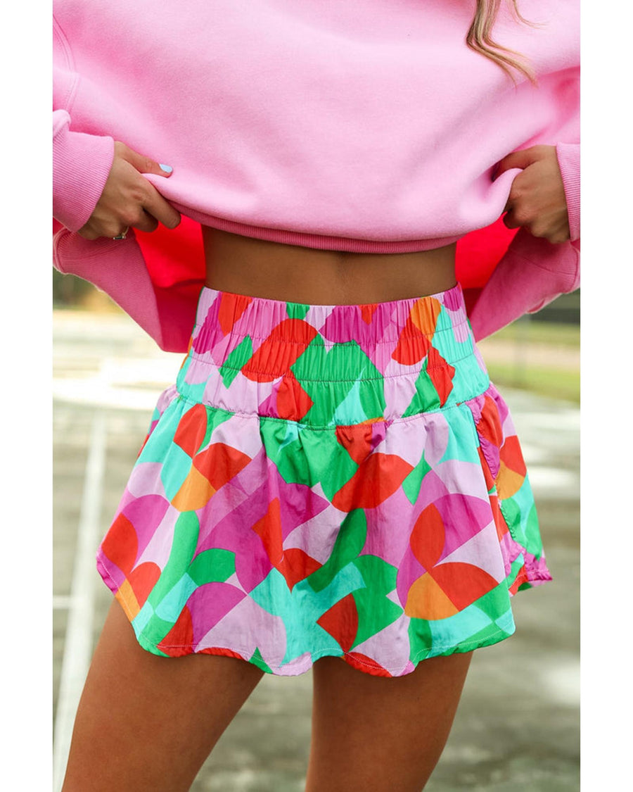 Green Abstract Print Smock Waist Casual Shorts - L