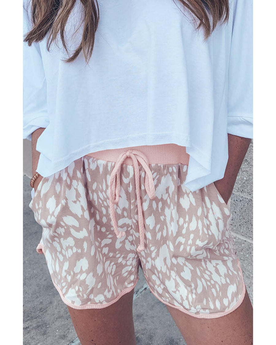 Khaki Classic Leopard Arched Hem Elastic Waist Casual Shorts - M