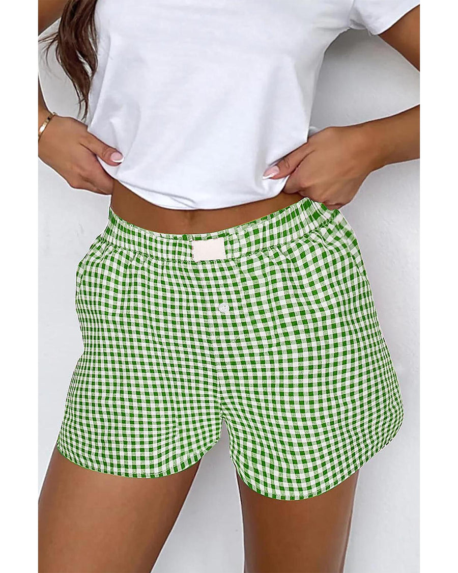 Fern Green Red Plaid Gingham Printed High Waist Shorts - XL