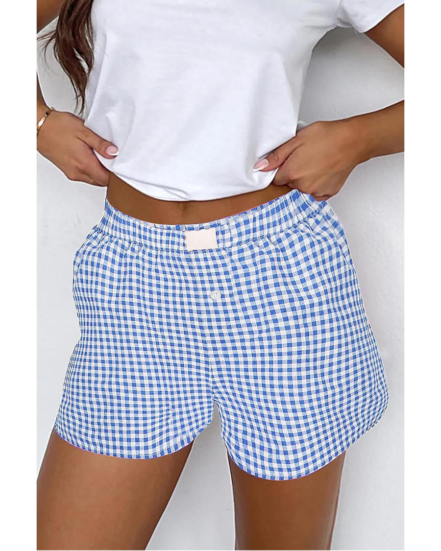 blue Red Plaid Gingham Printed High Waist Shorts - L