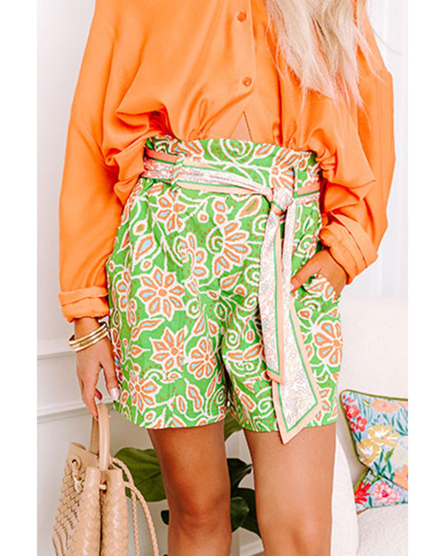 Green Floral Print Pocketed Front Knot High Waist Casual Shorts - M