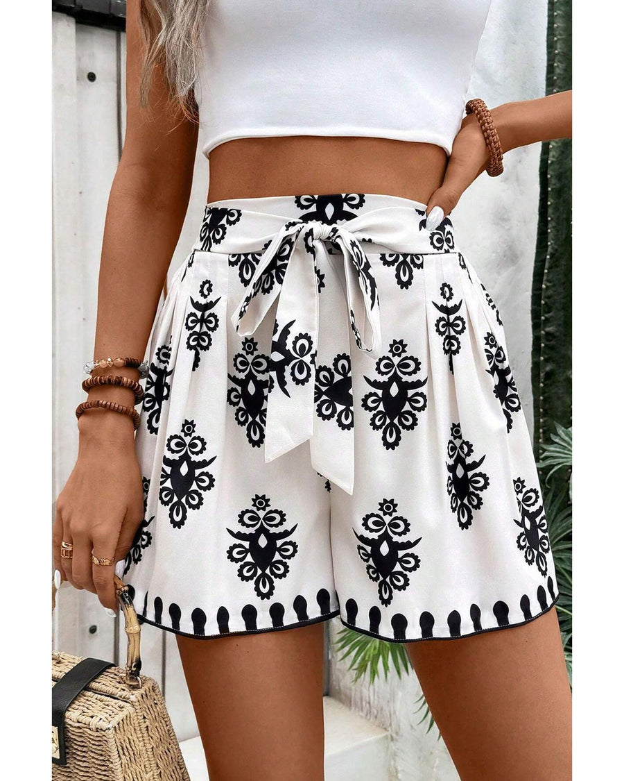 Black Tribal Geometric Print Belted High Waist Casual Shorts - XL