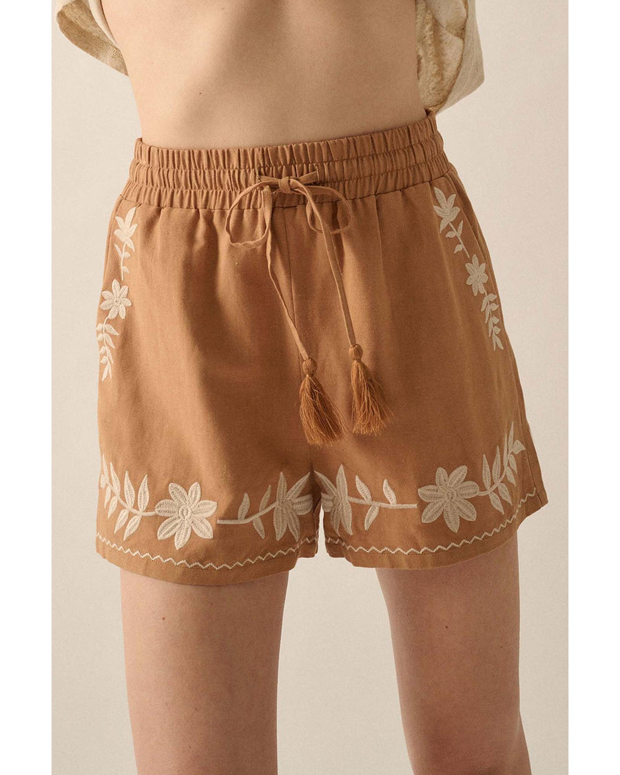 Khaki Embroidered Boho Tasseled Drawstring Elastic Waist Casual shorts - L