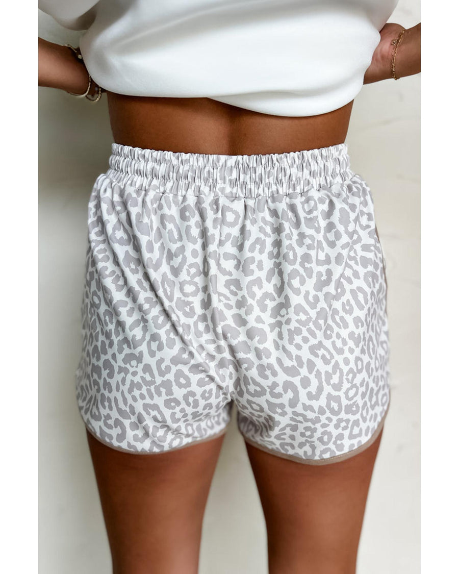White Leopard Elastic Waist Lace up Contrast Trim Casual Shorts - S