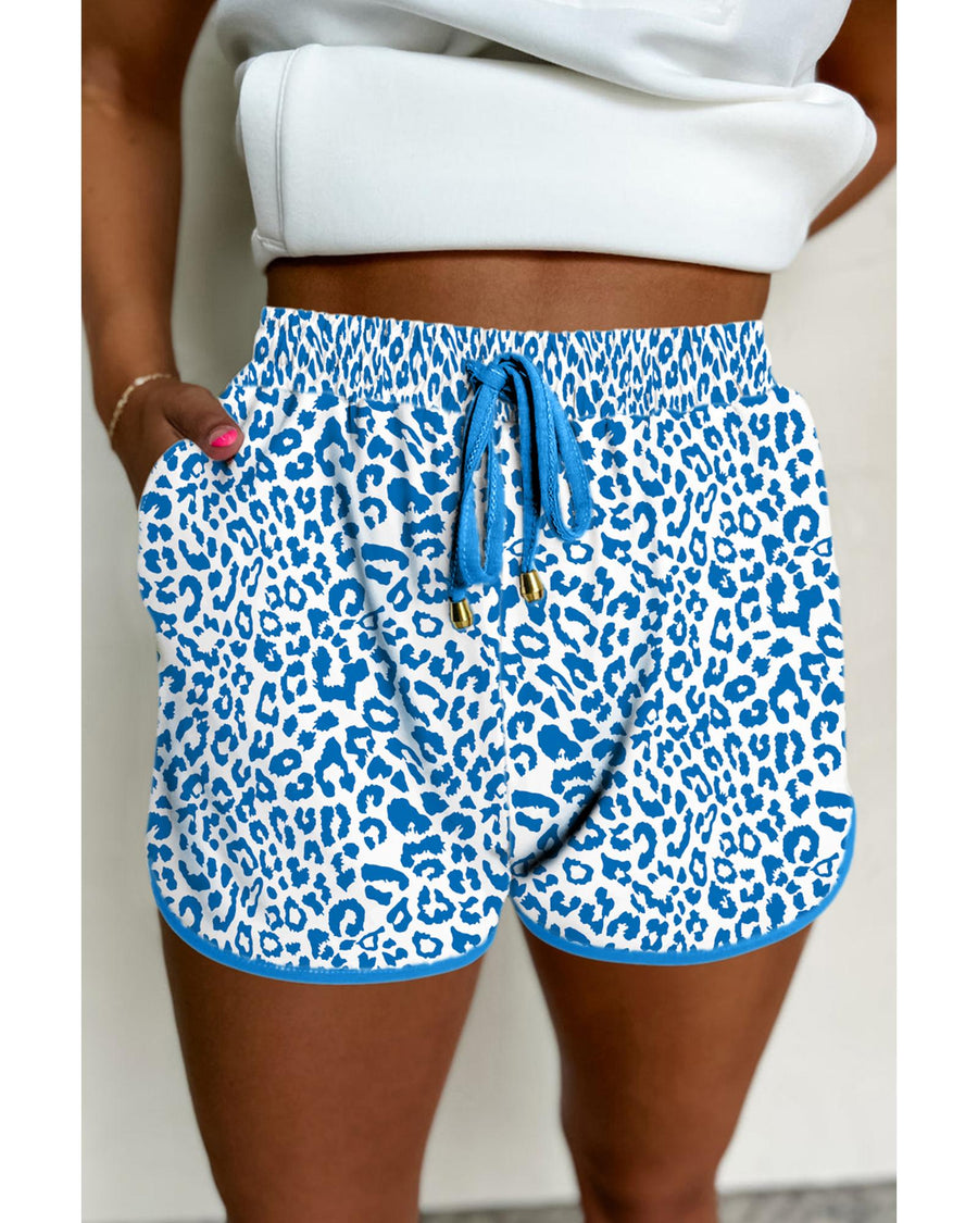 Blue Leopard Elastic Waist Lace up Contrast Trim Casual Shorts - M