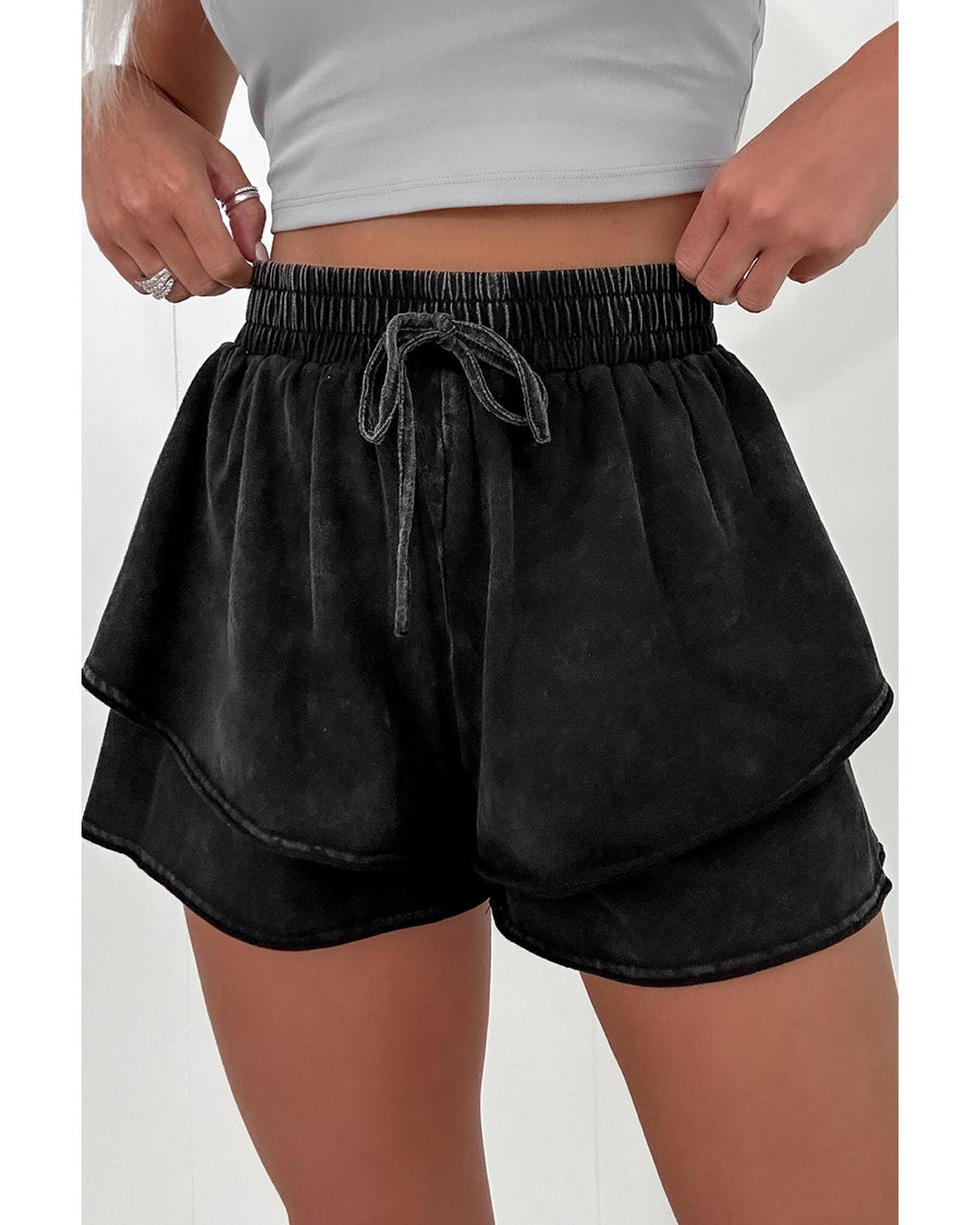 Black Mineral Wash French Terry High Waist Casual Shorts - XL
