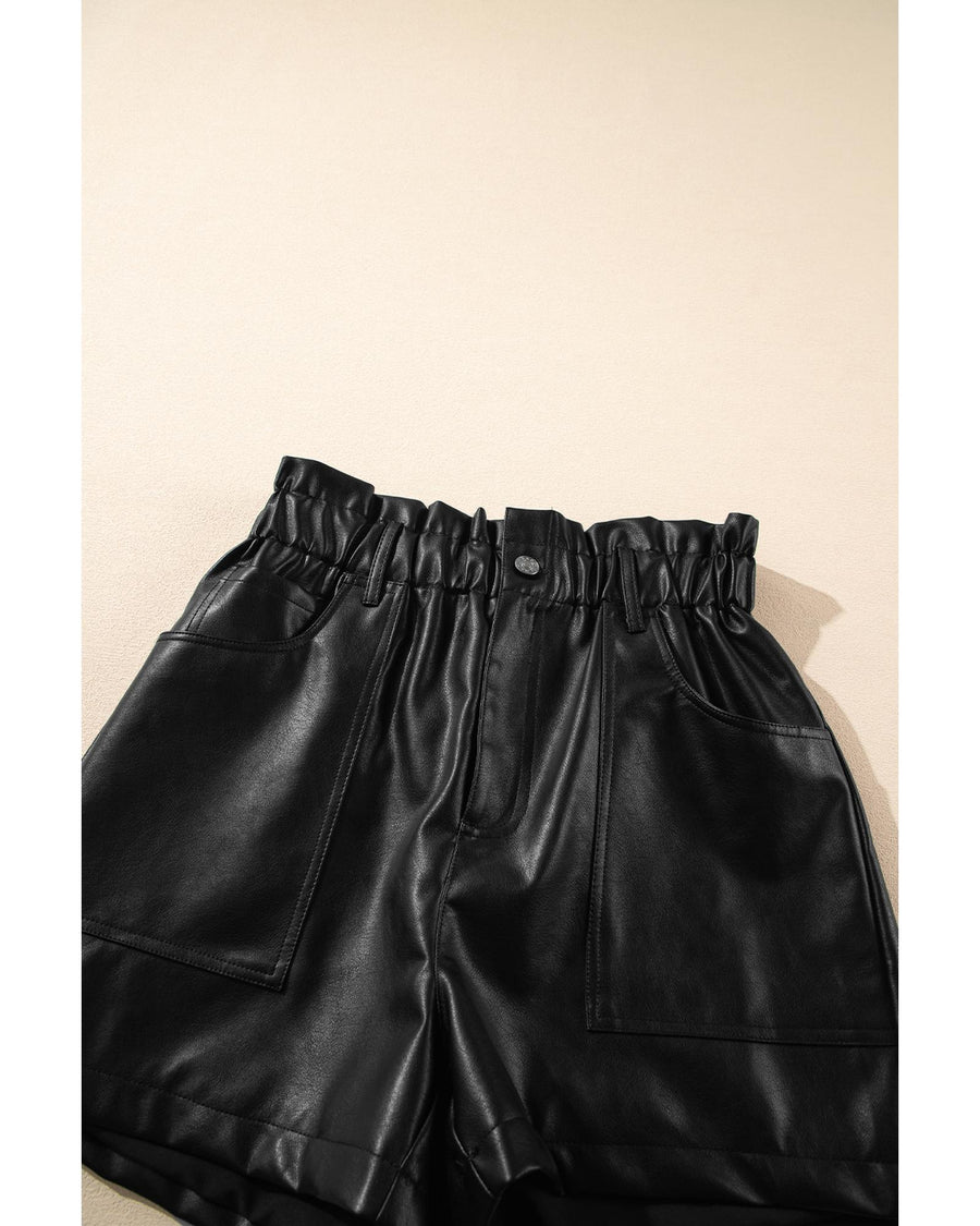 Black Faux Leather Paper Bag Waist High Rise Shorts - L