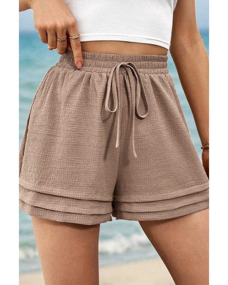 Straw Yellow Textured Tiered Edge High Waist Casual Shorts - M