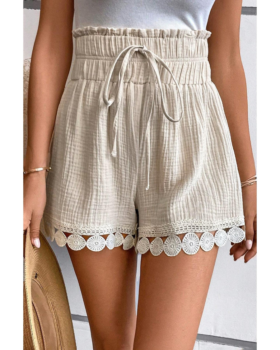 Apricot Textured Frilled Knotted High Waist Lace Hem Shorts - S