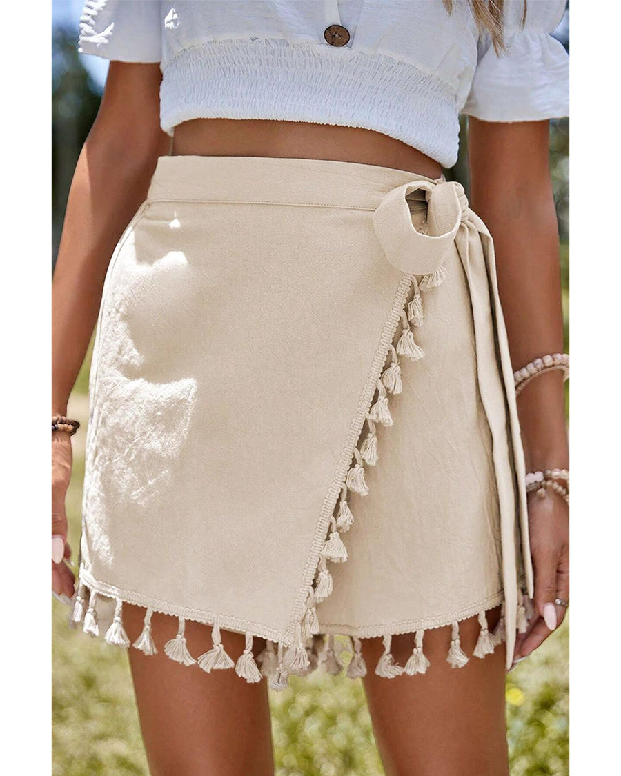 Apricot Tassel Trim Wrap Knot Side Bohemian Style Mini Skort - XL