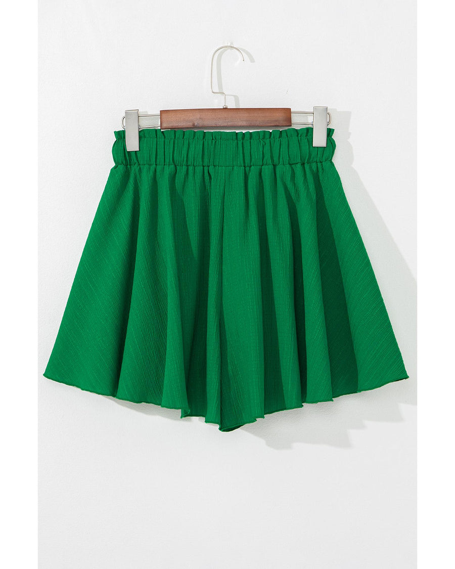 Dark Green Textured Frilled Lace-up High Waist Ruffle Wide Leg Shorts - XL