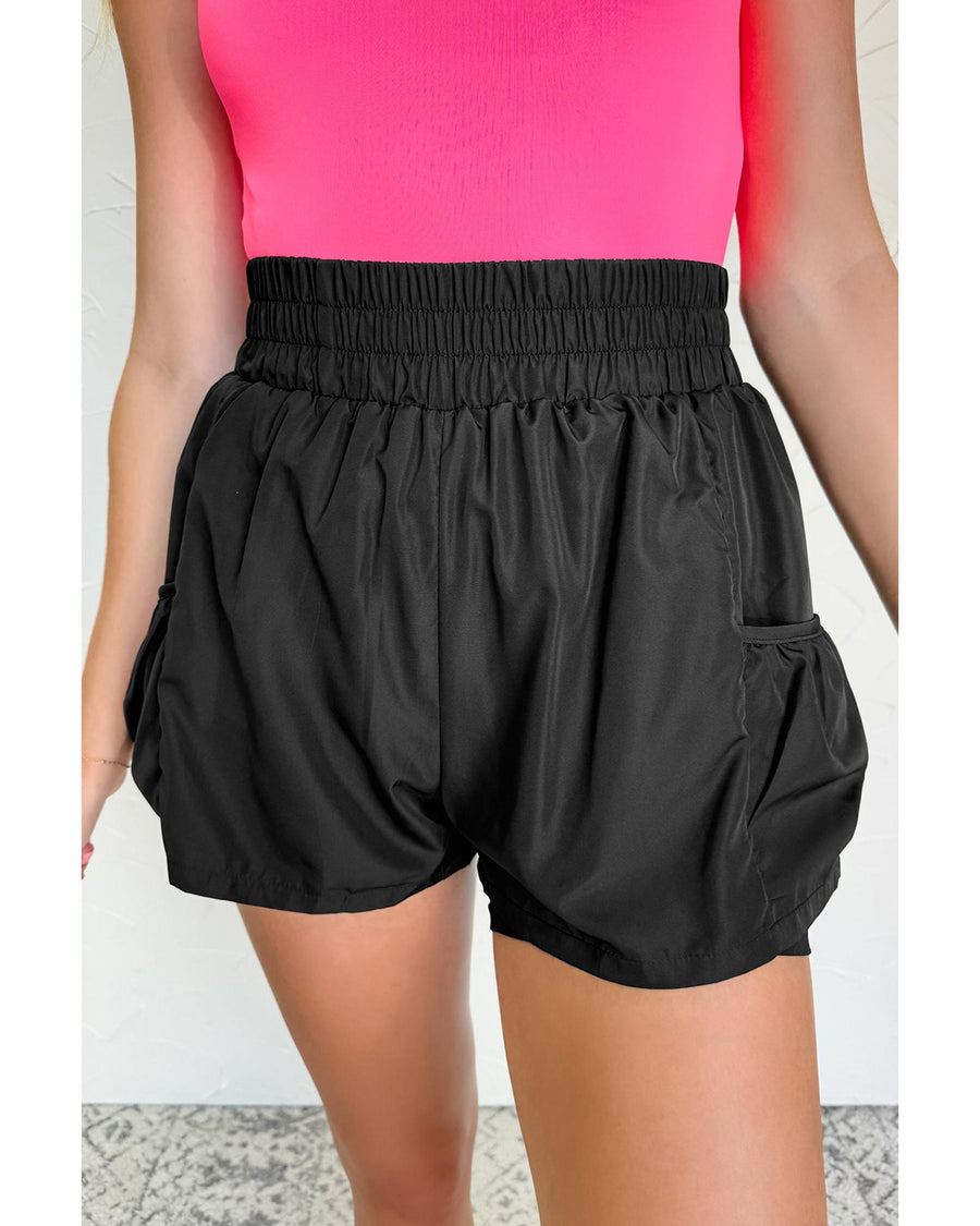 Black Elastic High Waist Pocketed Casual Shorts - L
