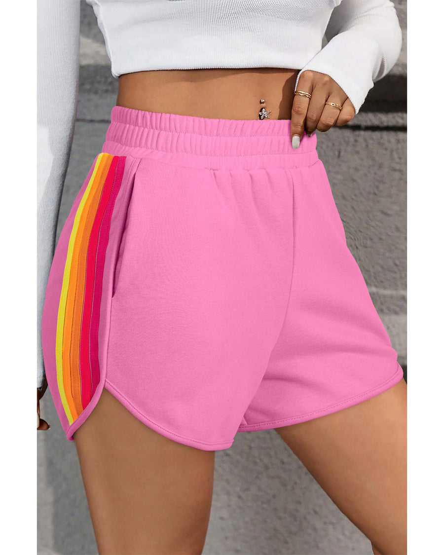 Bonbon Color Block Stripes Elastic High Waist Active Shorts - L