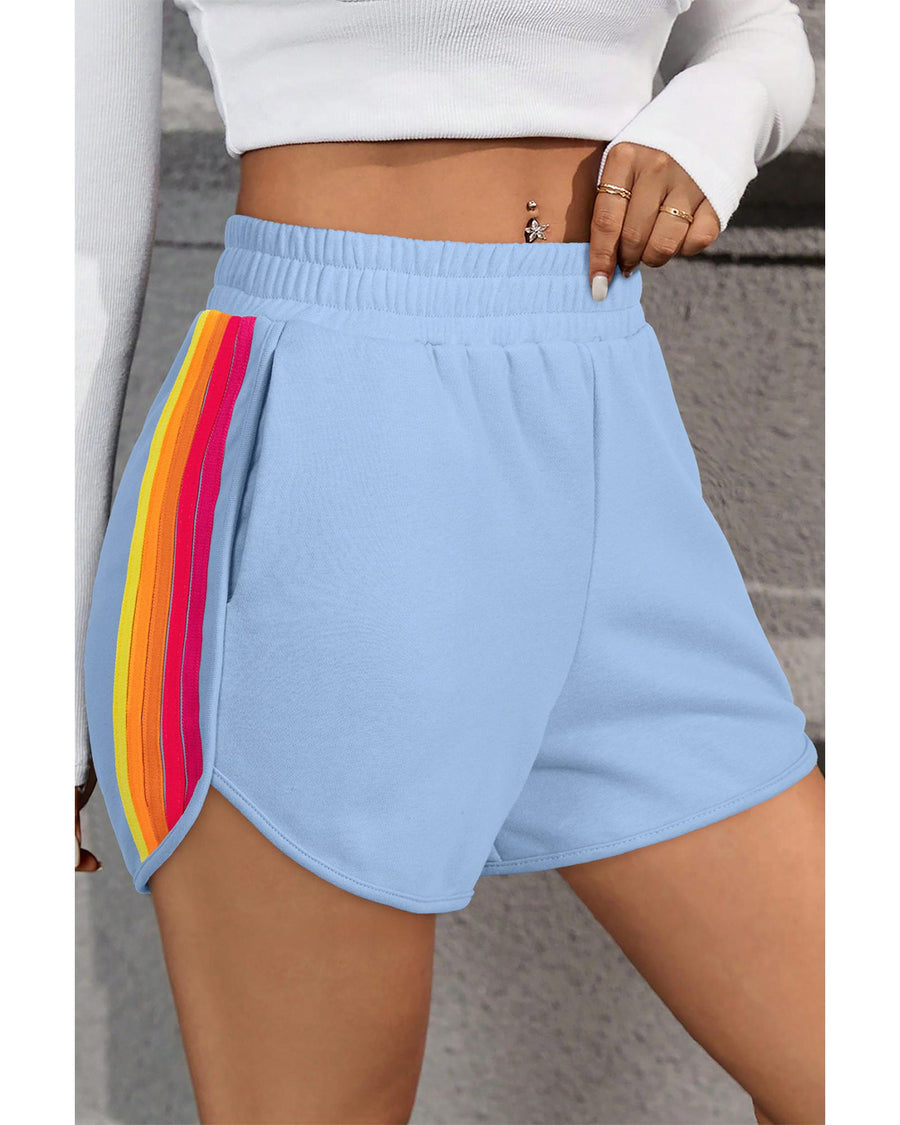 Beau Blue Color Block Stripes Elastic High Waist Active Shorts - M