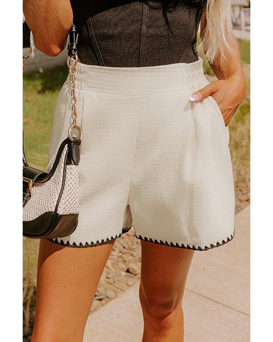 White Waffle Texture Contrast Ricrac Hemline Casual Shorts - S