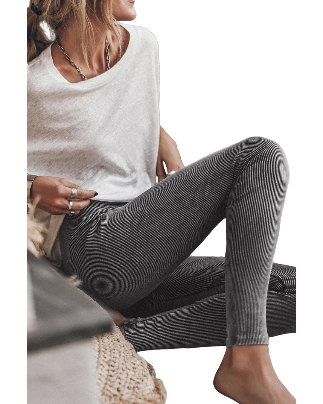 Dark Grey Vintage Wash Ribbed Leggings - S