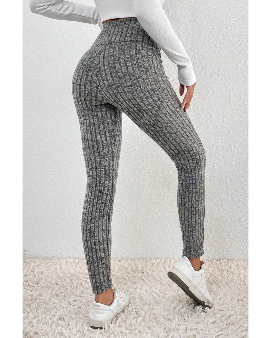 Gray Wide Waistband Ribbed Textured Knit Leggings - XL