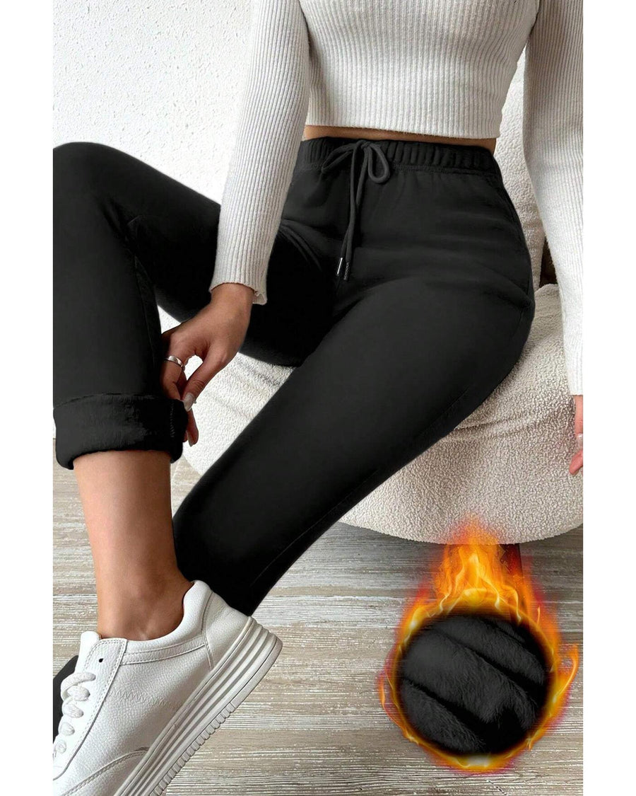 Black Thermal Lined Drawstring High Waist Leggings - S