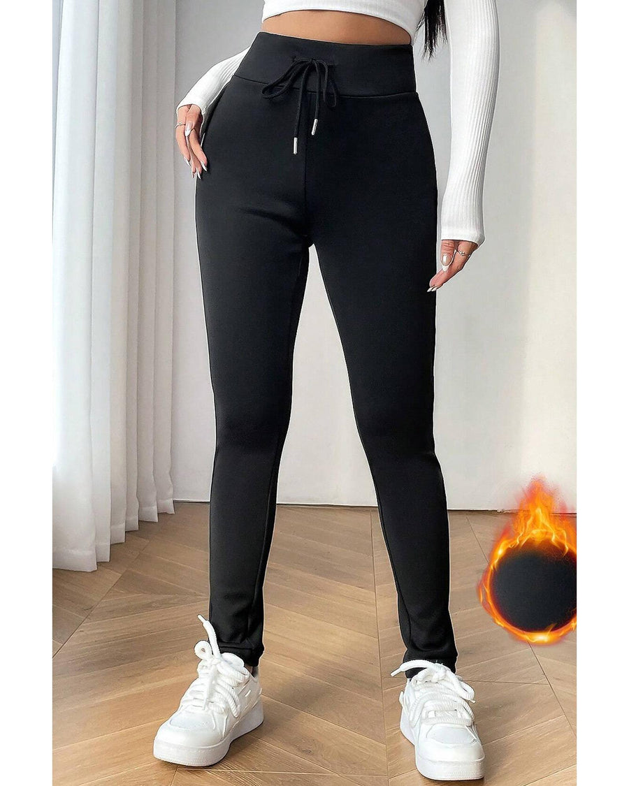 Black Solid Drawstring Waist Thermal Lined Leggings - L