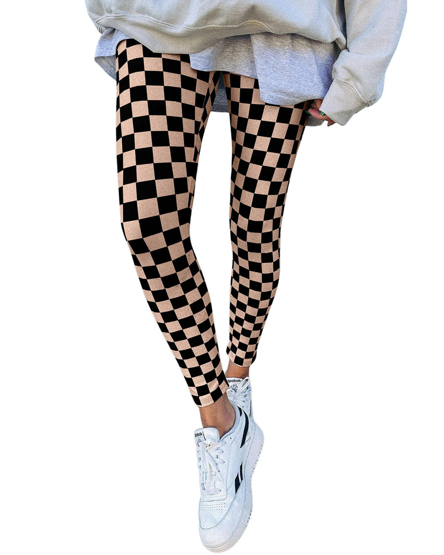 Khaki Checkered Pattern High Waist Skinny Leggings - L