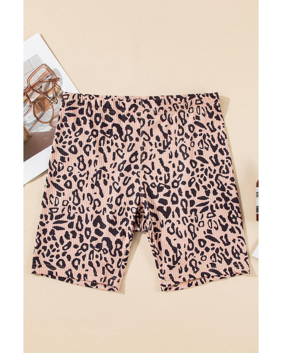 Khaki Leopard Print Ribbed Textured Knit Biker Shorts - XL