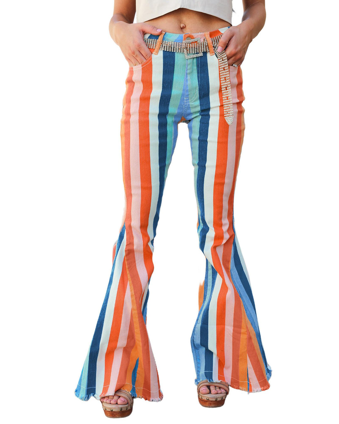 Multicolor Striped Raw Hem Flared Bottom Denim Pants - 8 US